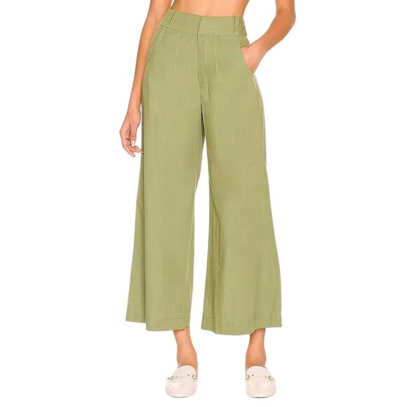 Free People Green Menorca 100% Cotton Crop Wide Leg High Waisted Pant Size 4 - Picture 1 of 10